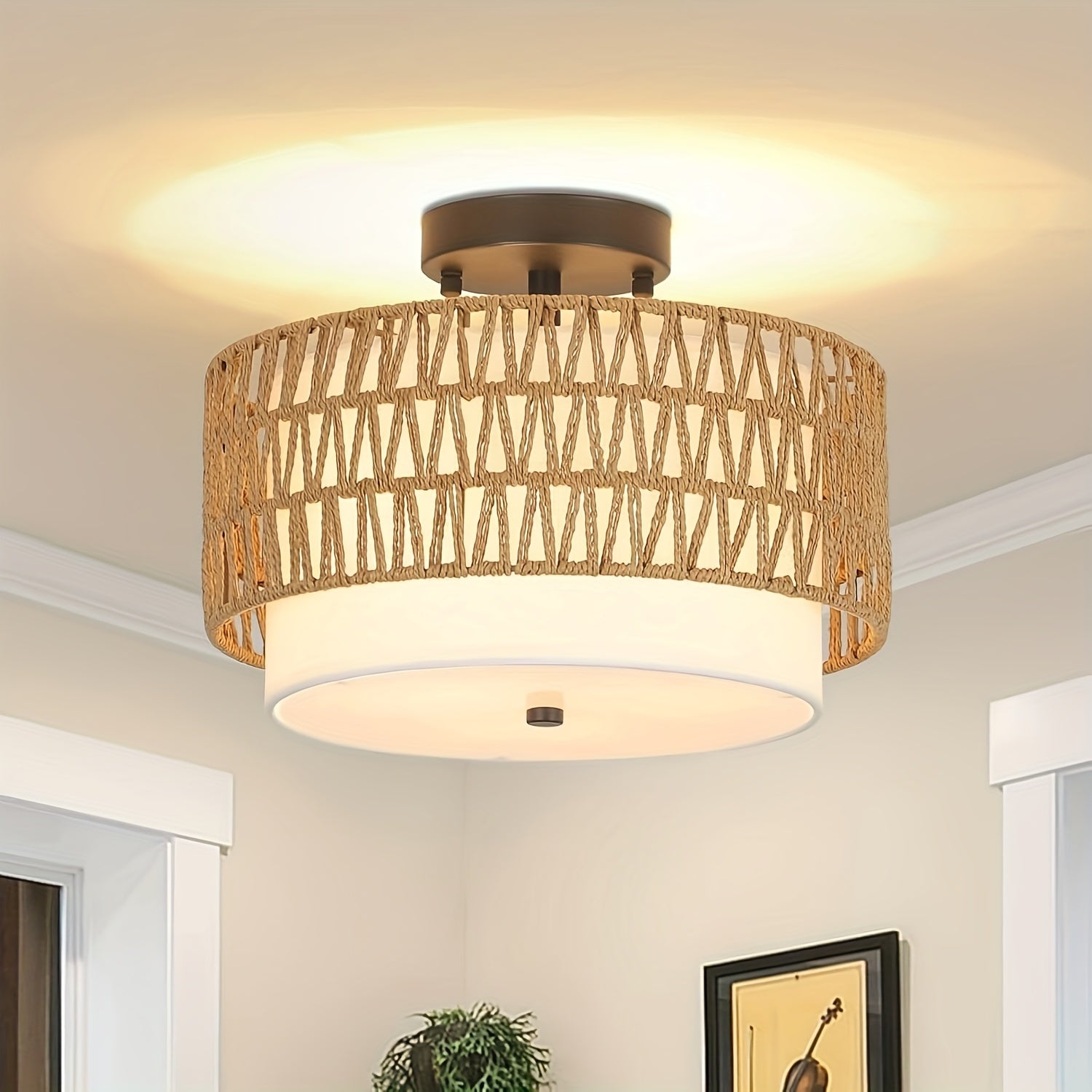Bela Rattan Ceiling Light | Semi-Flush Mount with Linen Shade