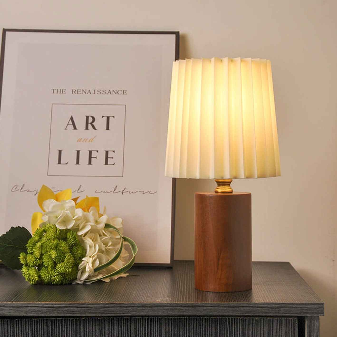 Classic Korean Pleated Column Table Lamp with Solid Wood Base - 1 Light
