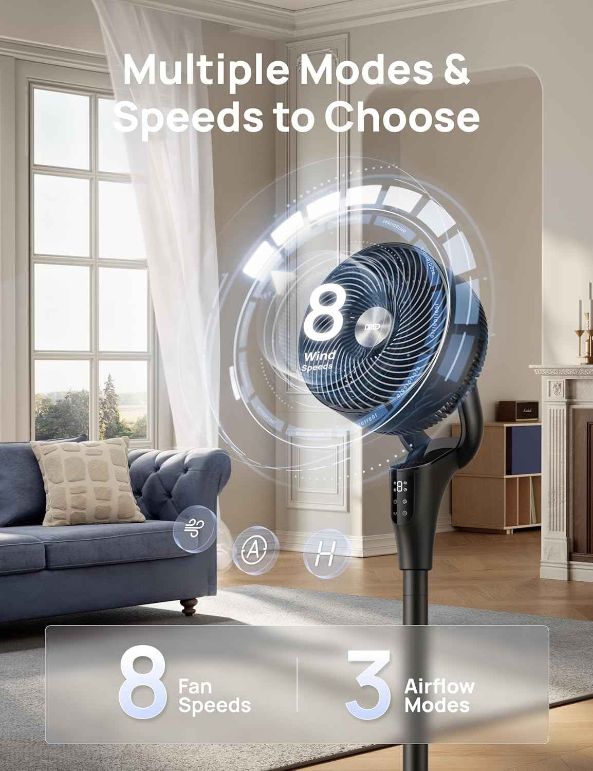 BreezeMax Oscillating Fan 90° Tilt, 20dB Quiet, 8 Speeds