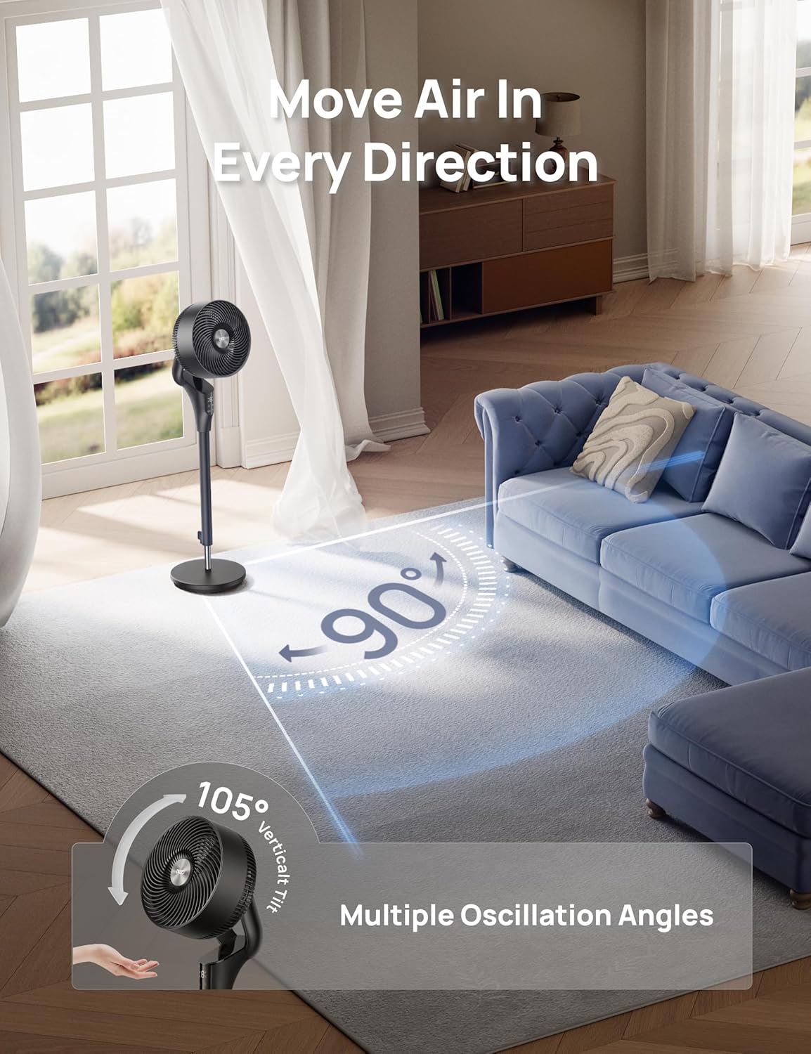 BreezeMax Oscillating Fan 90° Tilt, 20dB Quiet, 8 Speeds