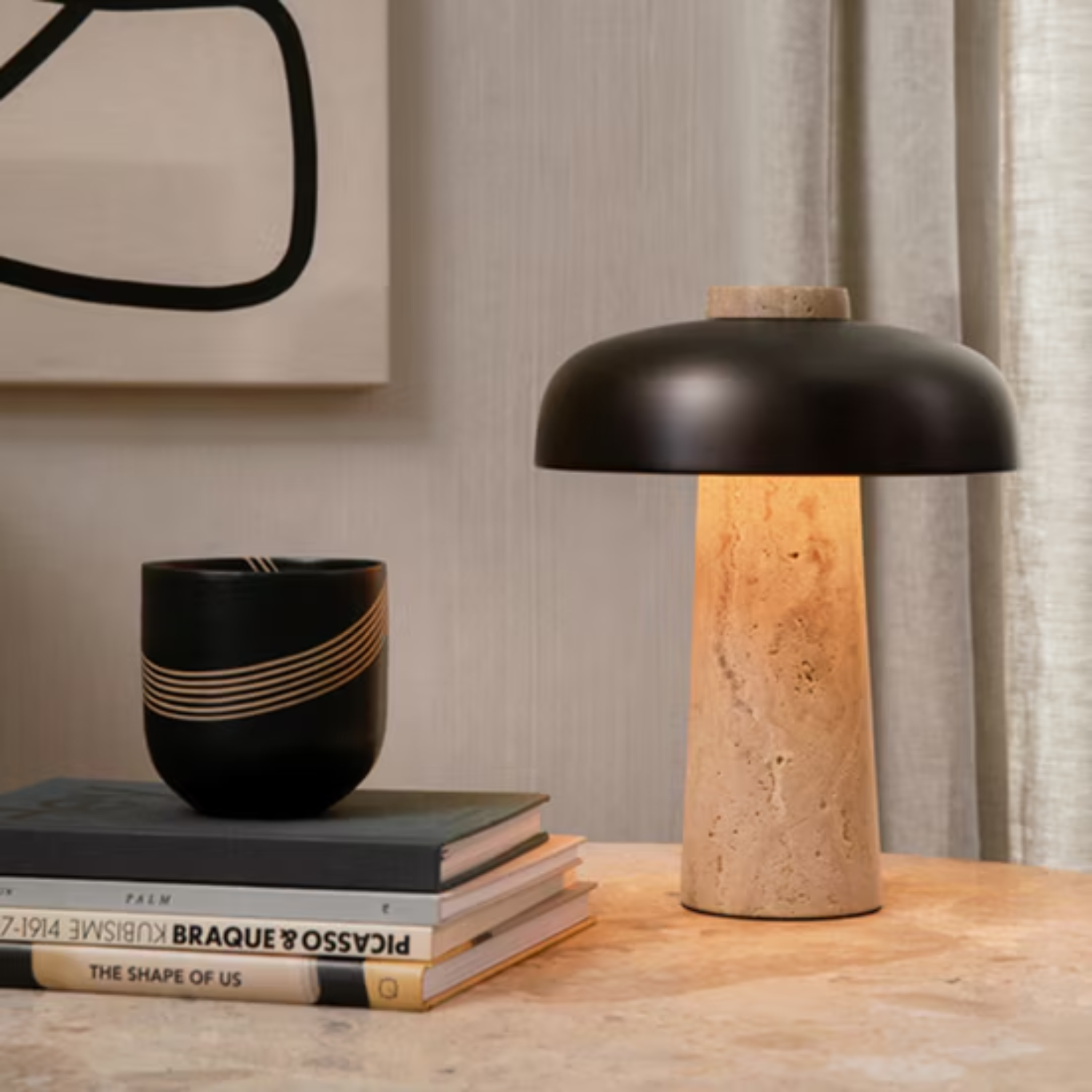 Eclipse – Black Modern Travertine Table Lamp with Touch Control - Cendre Home