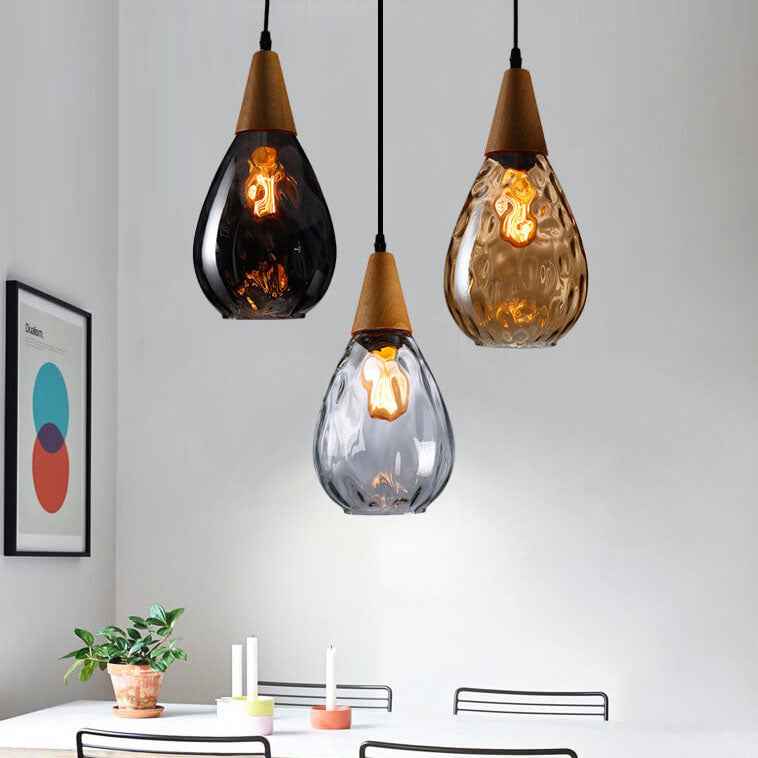 Drop-Shaped Pendant Light with Water Ripple Glass - 1 Light
