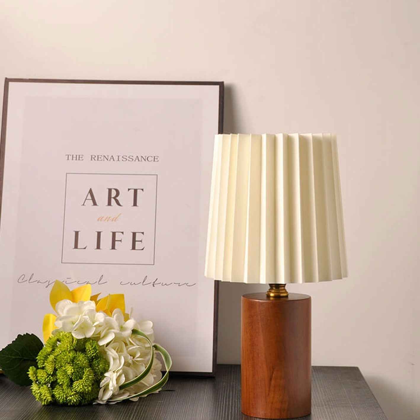 Classic Korean Pleated Column Table Lamp with Solid Wood Base - 1 Light