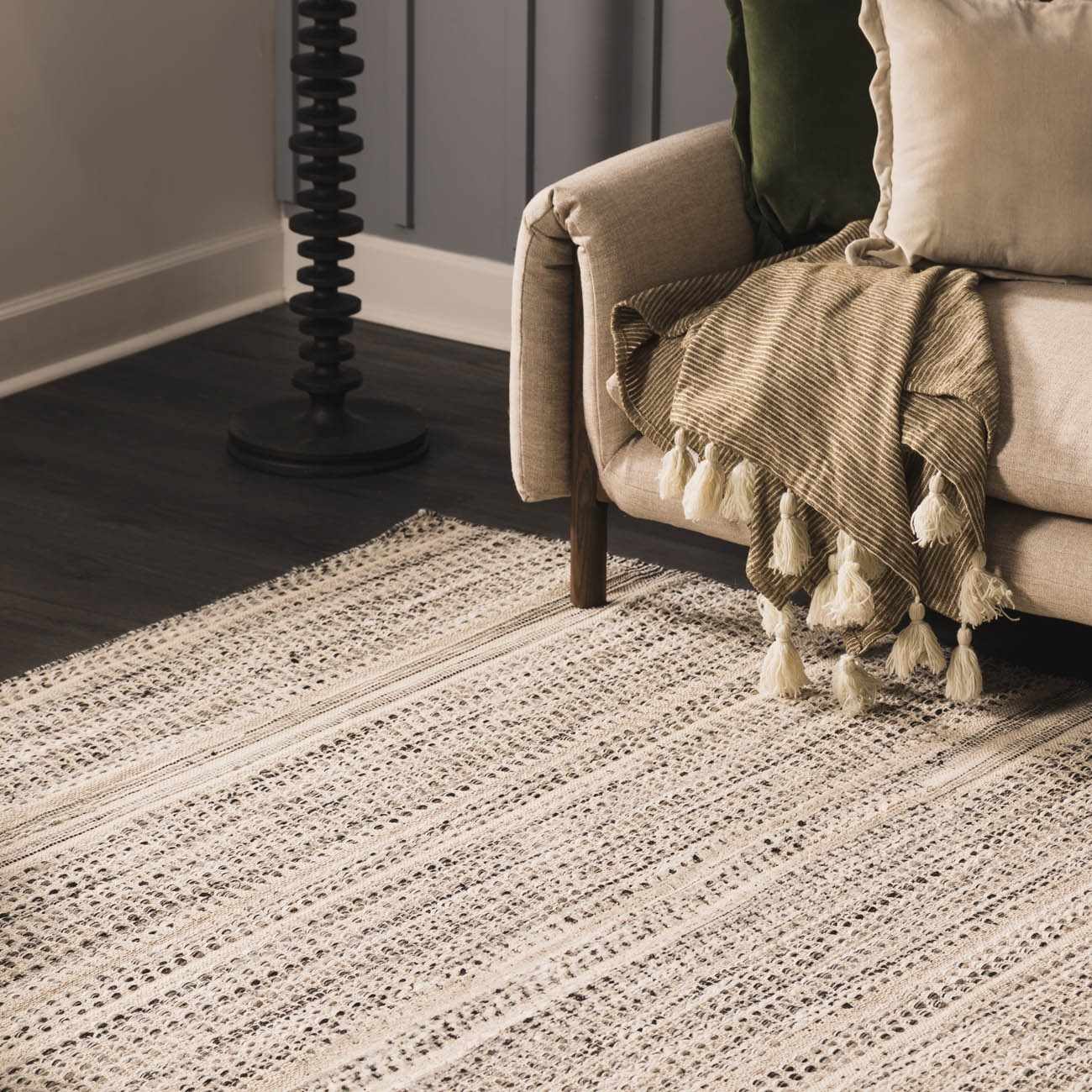 Arabi Wool Area Rug Hand Woven Transitional Black Gray Beige