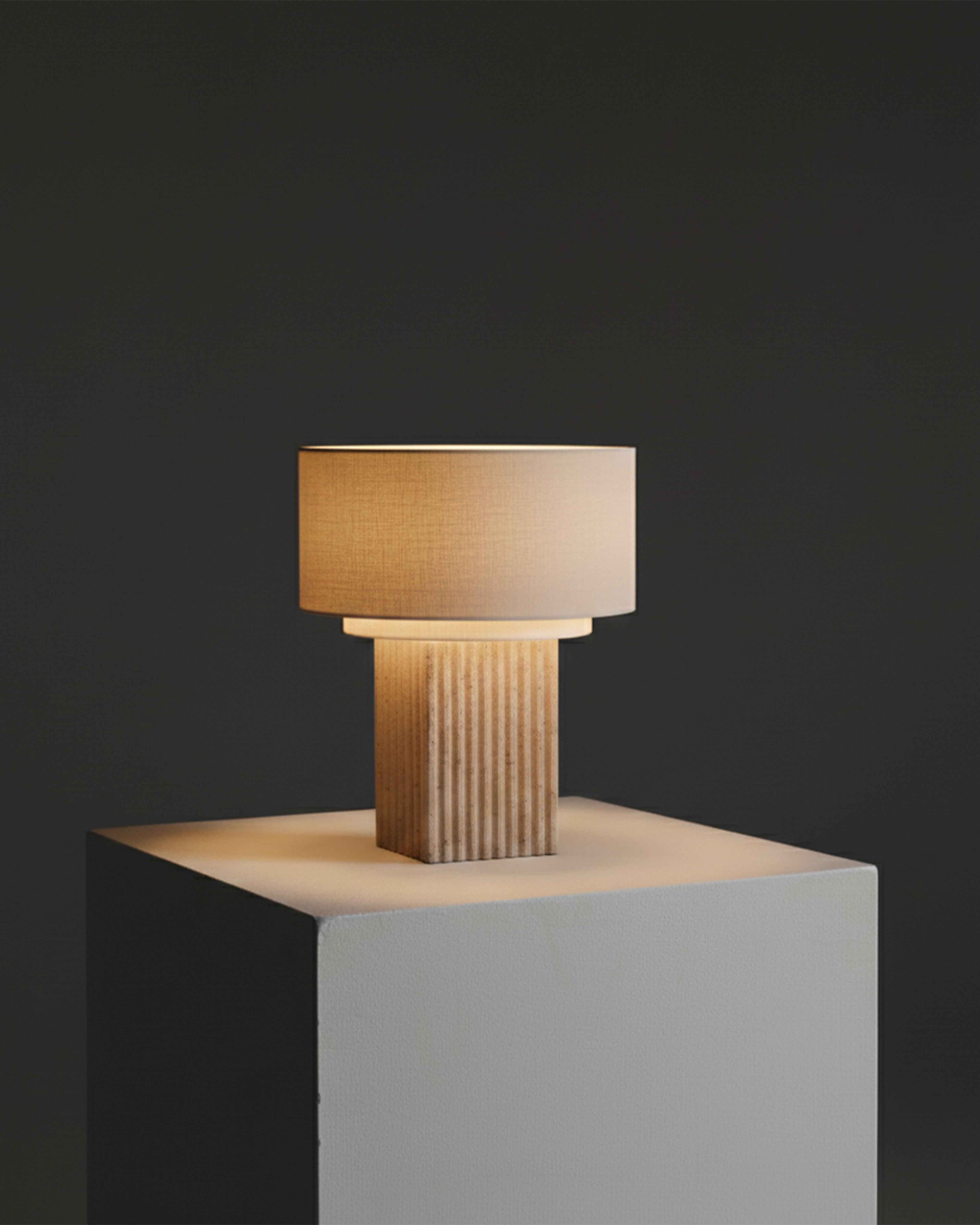 Aurelia Table Lamp | Fluted Travertine Base, Linen Shade