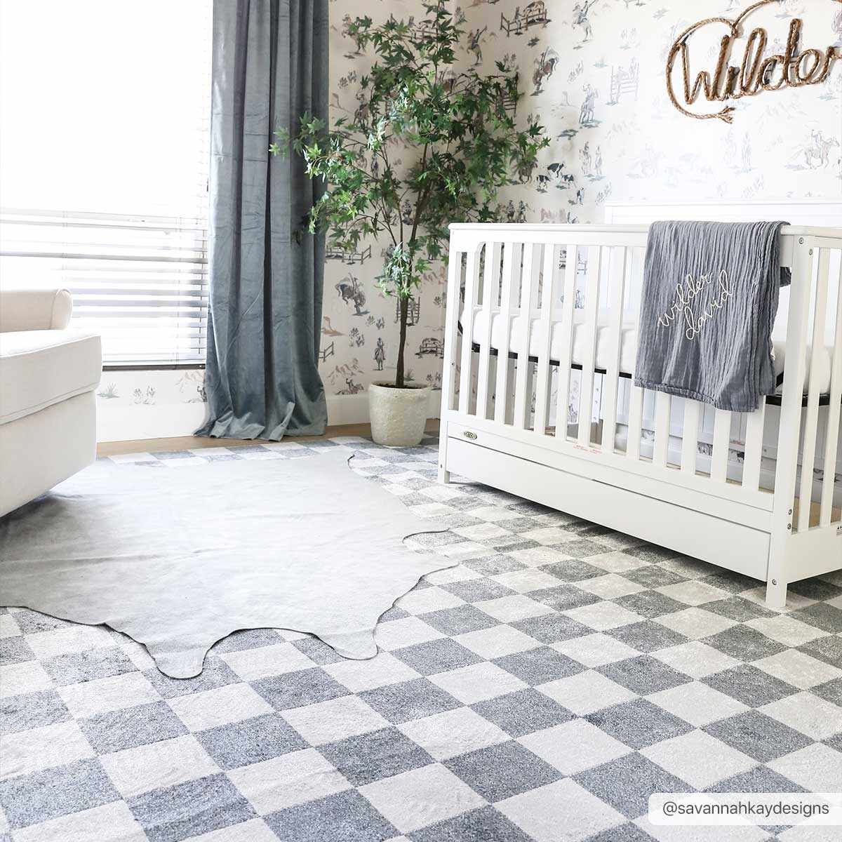 Bela Checkered Rug  Machine Washable  Blue Gray Ivory