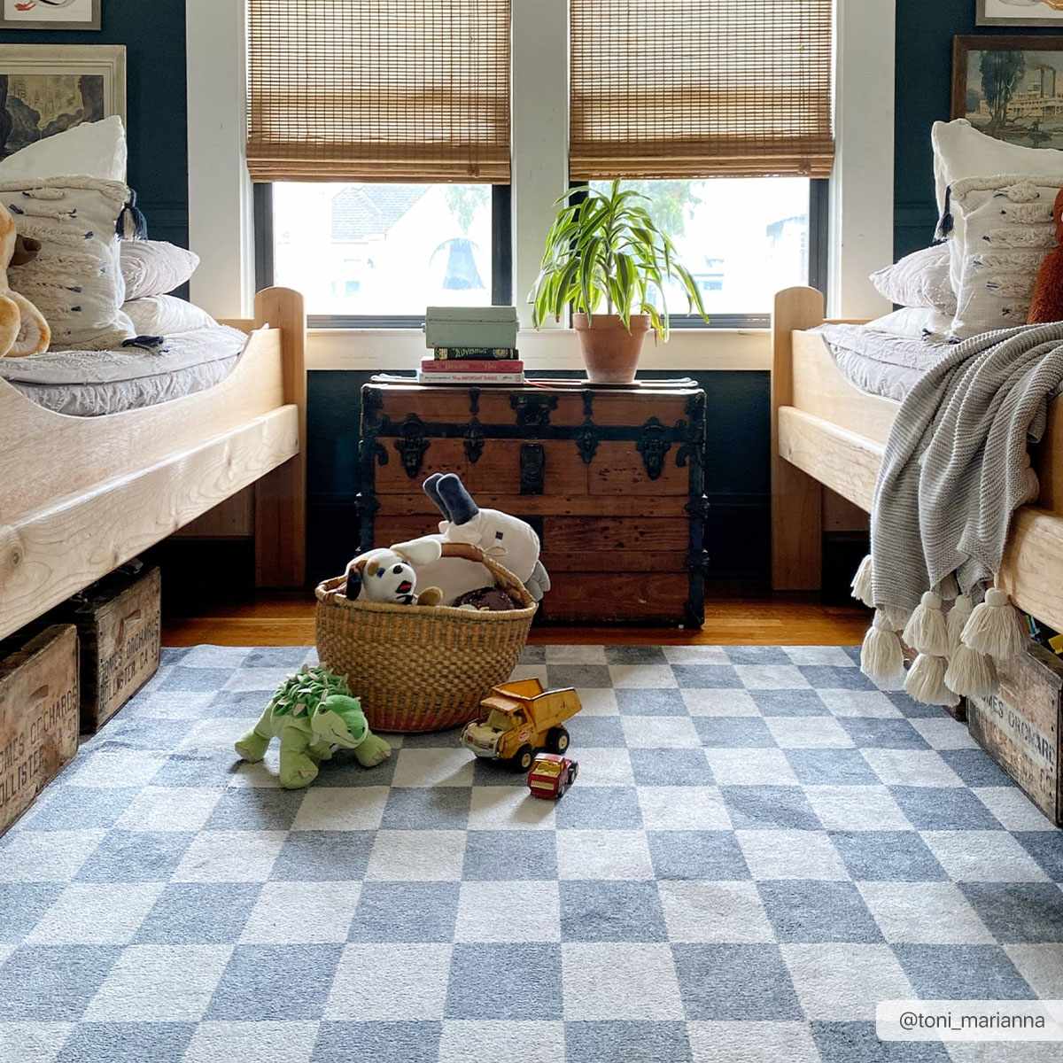 Bela Checkered Rug  Machine Washable  Blue Gray Ivory