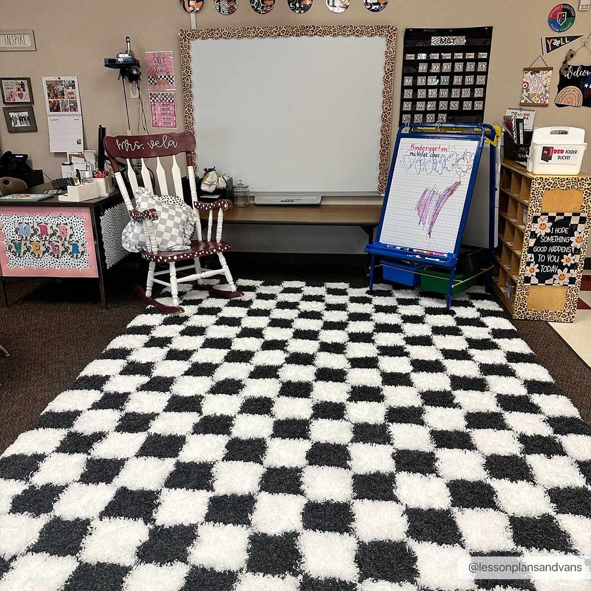 Bento Area Rug  Black & White Checkered  Plush Pile