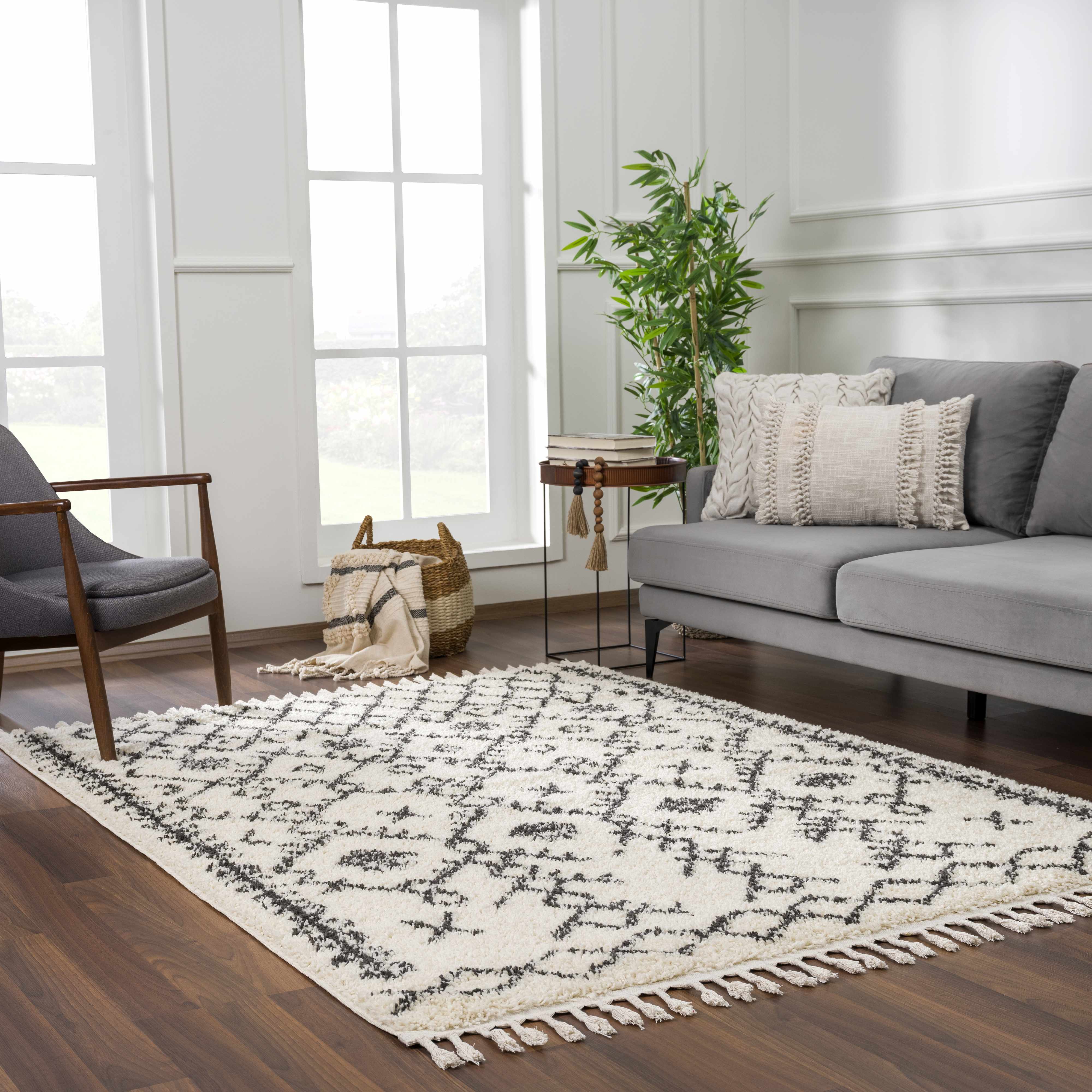 Bello Plush Area Rug  Machine Woven  Charcoal/Beige