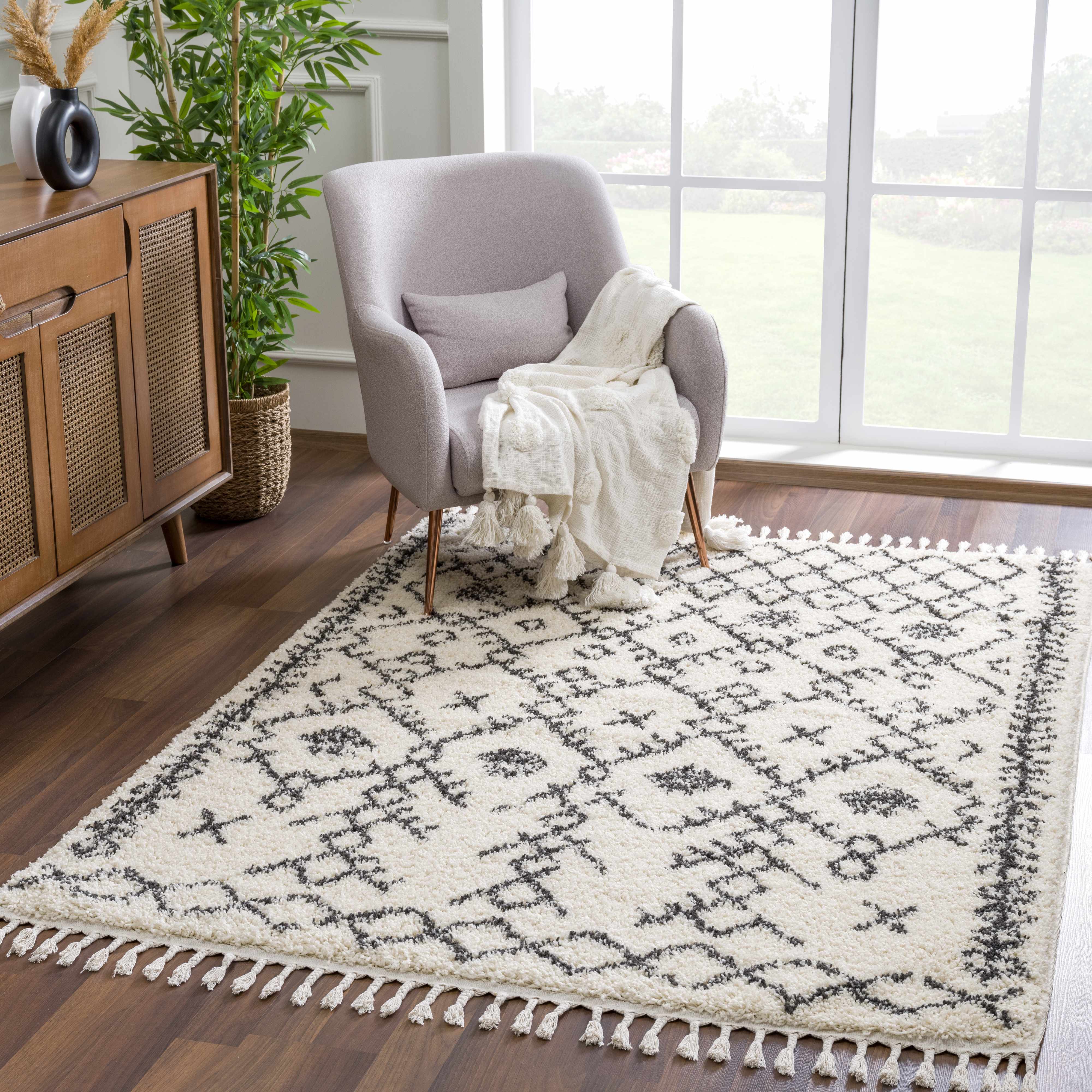Bello Plush Area Rug  Machine Woven  Charcoal/Beige