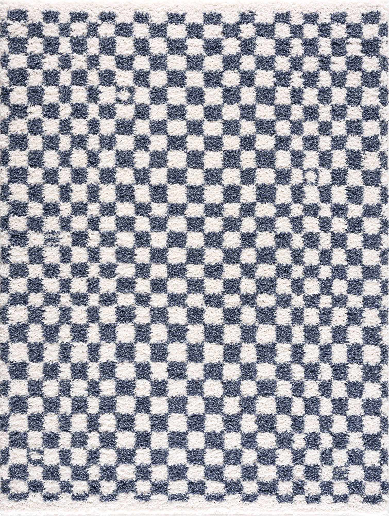 Breezy Blue & White Checkered Area Rug  Plush Polyester, Machine Woven