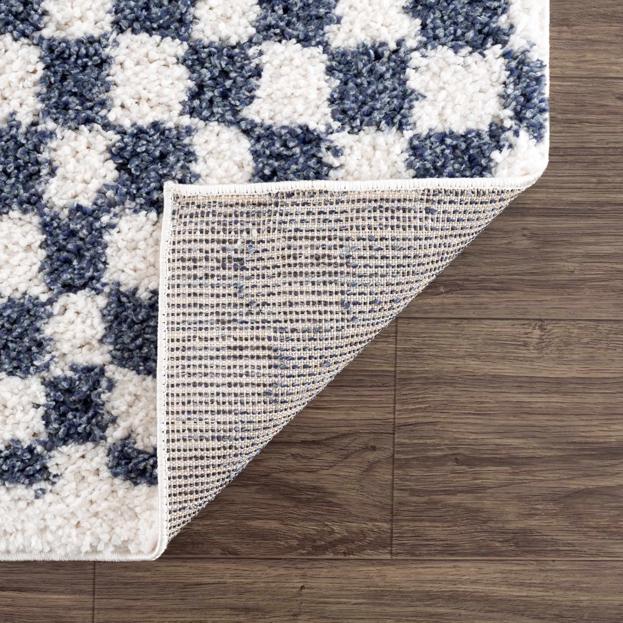 Breezy Blue & White Checkered Area Rug  Plush Polyester, Machine Woven