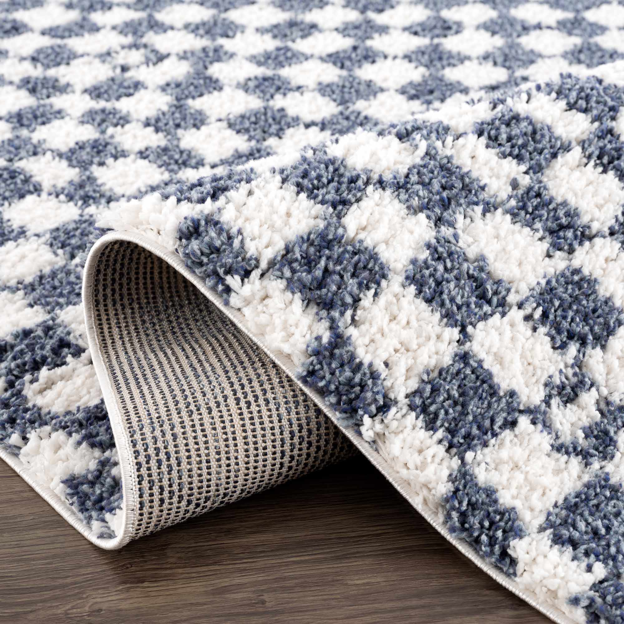 Breezy Blue & White Checkered Area Rug  Plush Polyester, Machine Woven