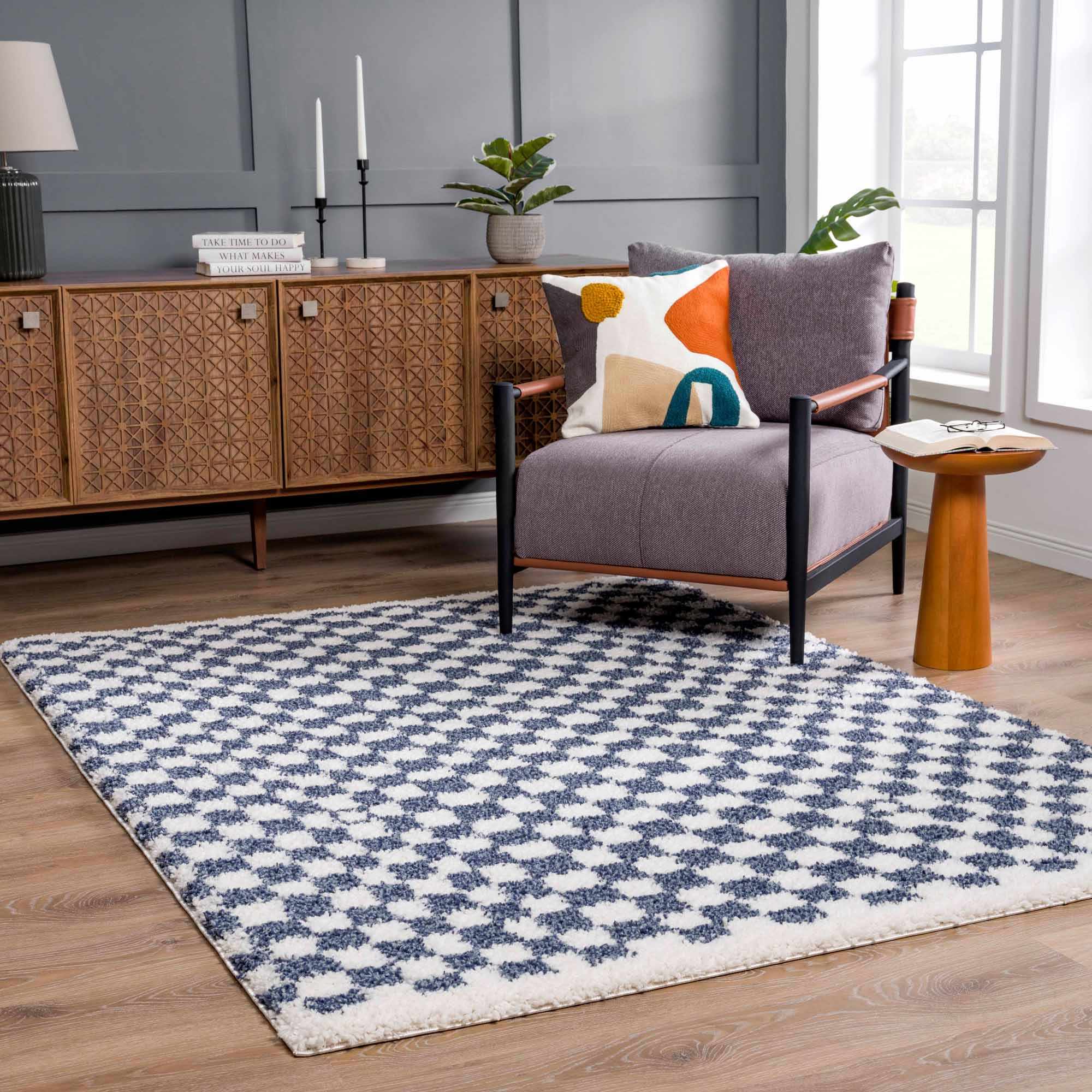 Breezy Blue & White Checkered Area Rug  Plush Polyester, Machine Woven