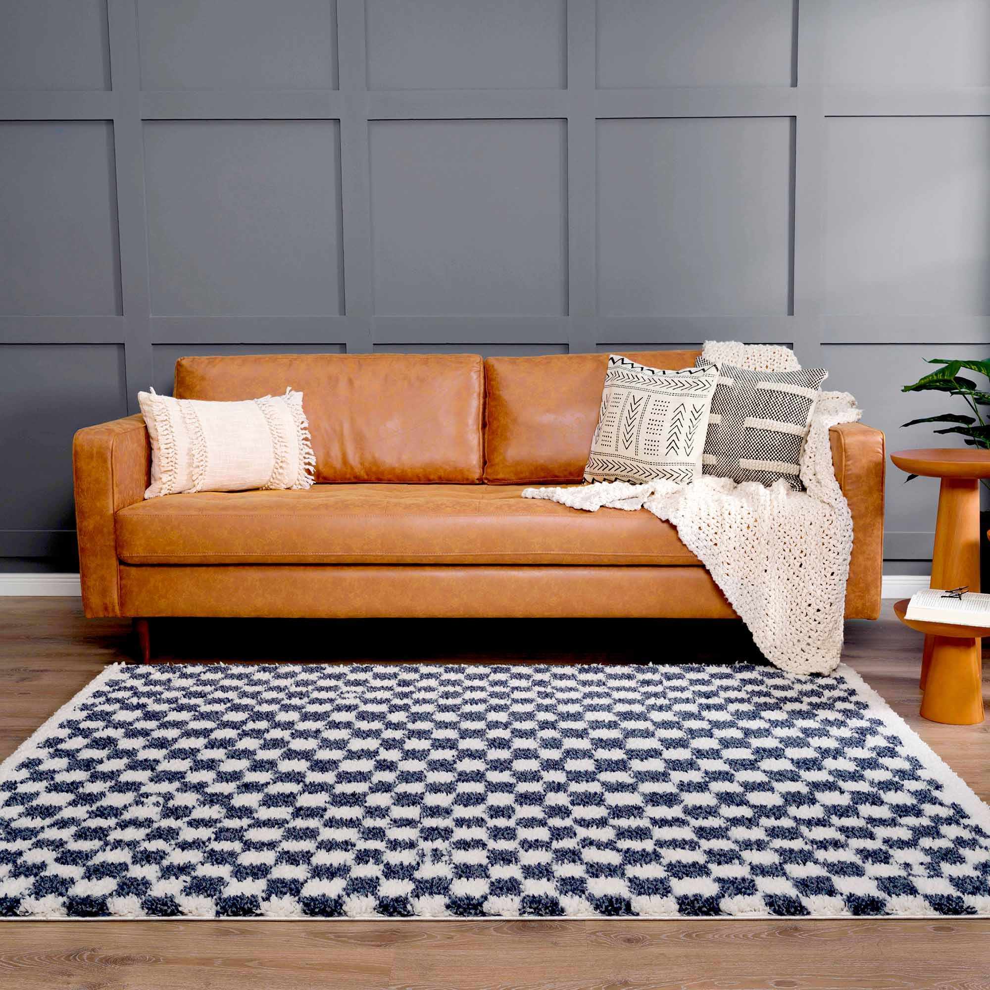 Breezy Blue & White Checkered Area Rug  Plush Polyester, Machine Woven