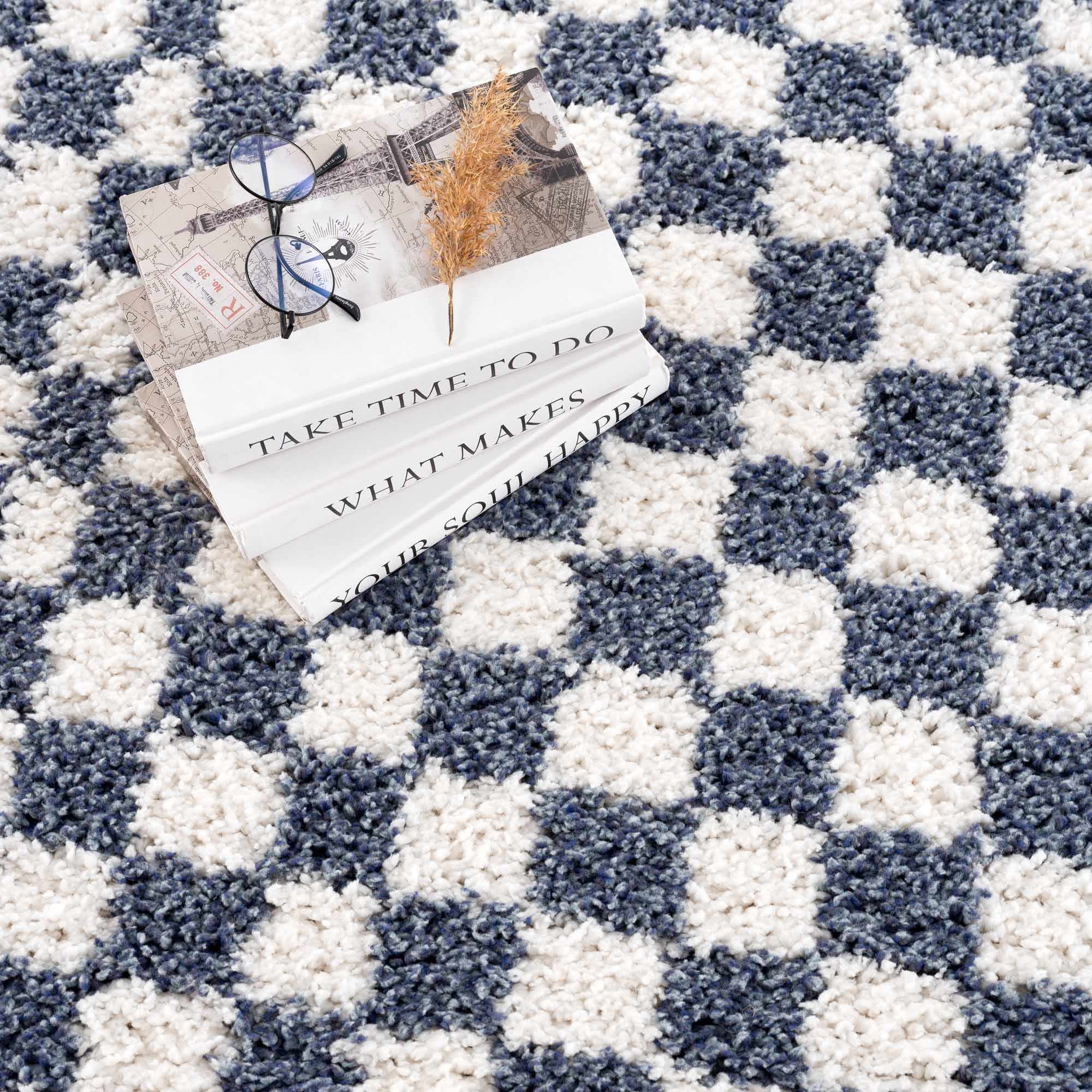 Breezy Blue & White Checkered Area Rug  Plush Polyester, Machine Woven