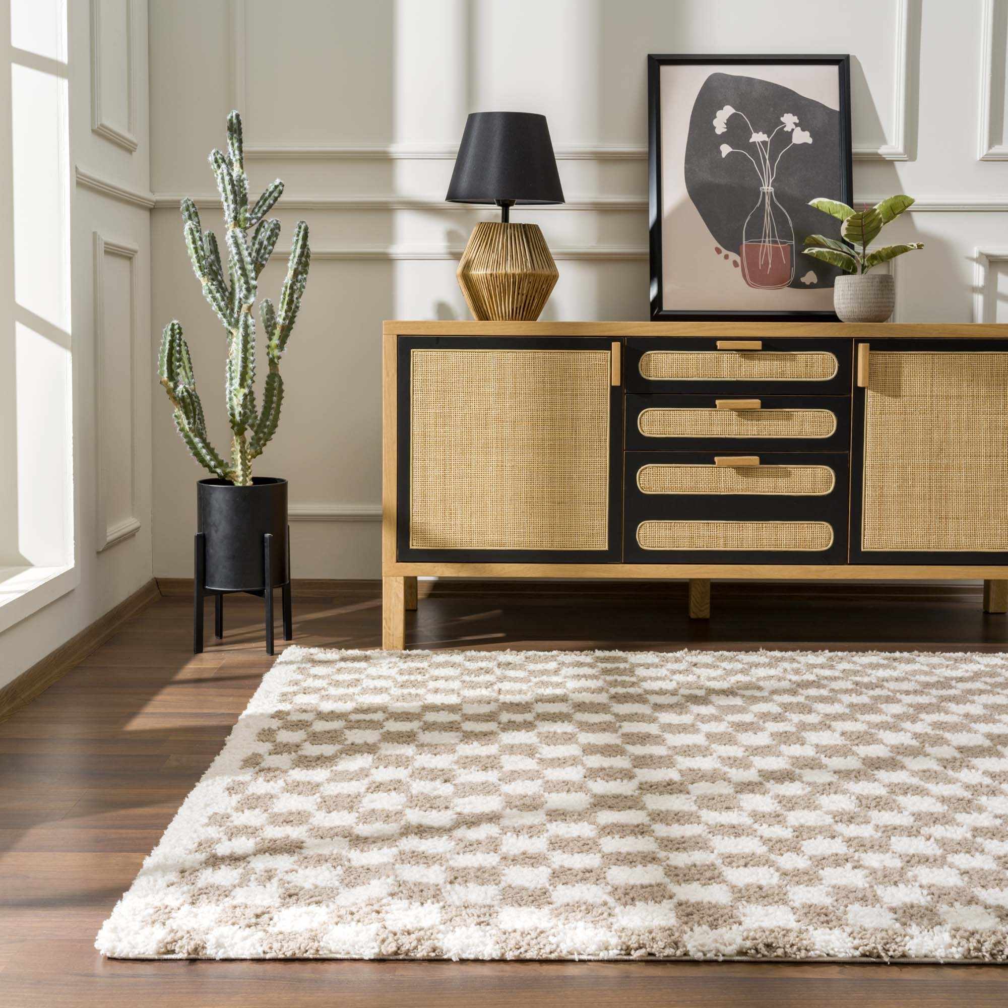 Kairo Checkered Shag Rug  Plush Pile, 100% Polyester, Machine Woven
