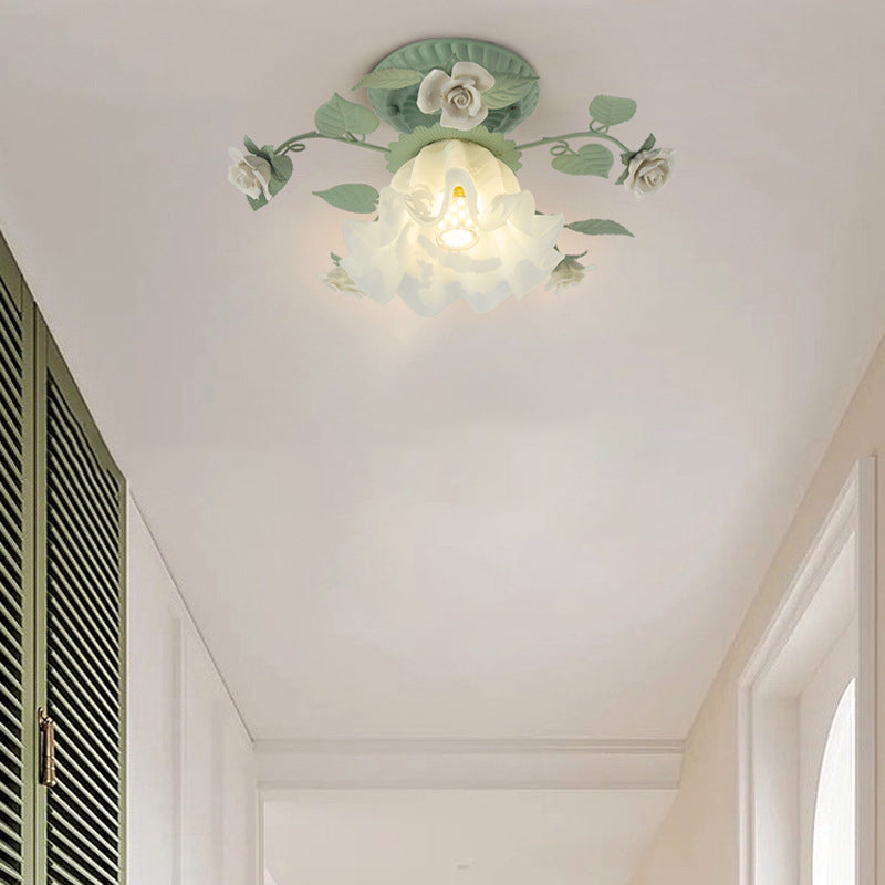 Classic French Bellflower Leaf Iron and Ceramic Glass Shade 1-Light Semi-Flush Mount Ceiling Fixture for Living Room