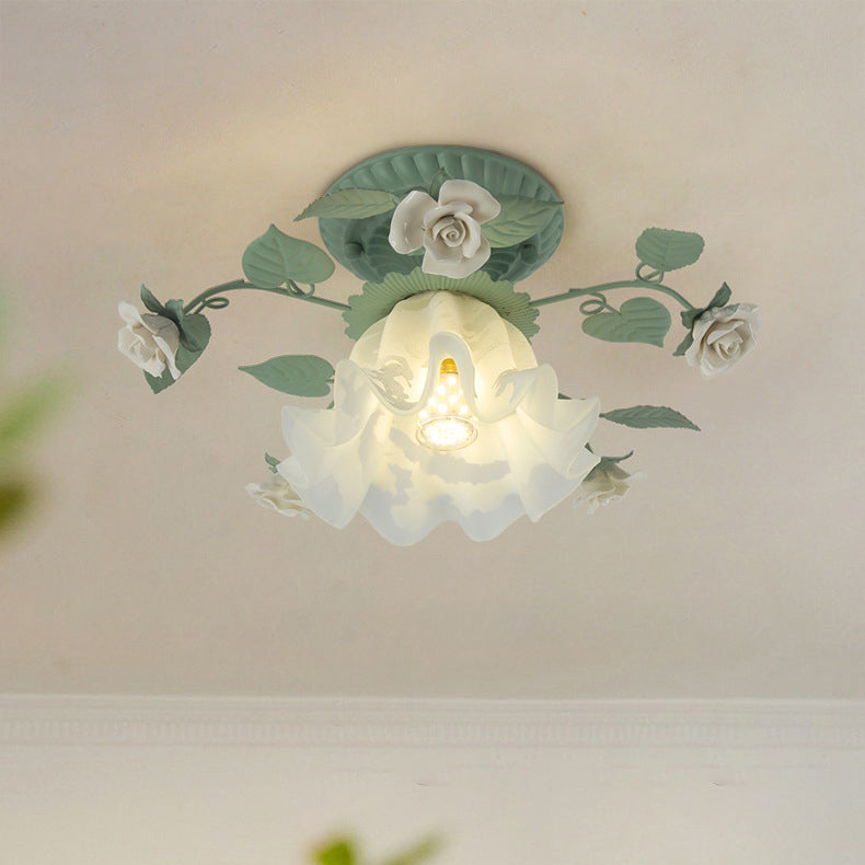 Classic French Bellflower Leaf Iron and Ceramic Glass Shade 1-Light Semi-Flush Mount Ceiling Fixture for Living Room