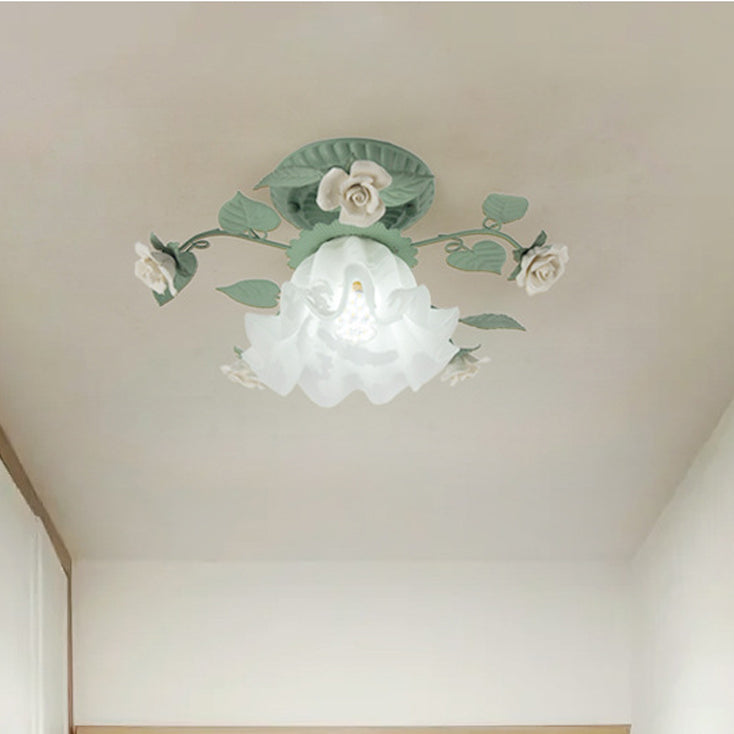 Classic French Bellflower Leaf Iron and Ceramic Glass Shade 1-Light Semi-Flush Mount Ceiling Fixture for Living Room