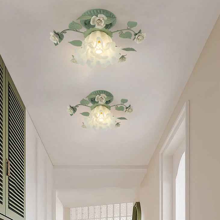 Classic French Bellflower Leaf Iron and Ceramic Glass Shade 1-Light Semi-Flush Mount Ceiling Fixture for Living Room