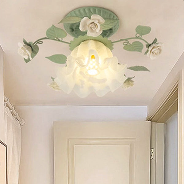 Classic French Bellflower Leaf Iron and Ceramic Glass Shade 1-Light Semi-Flush Mount Ceiling Fixture for Living Room