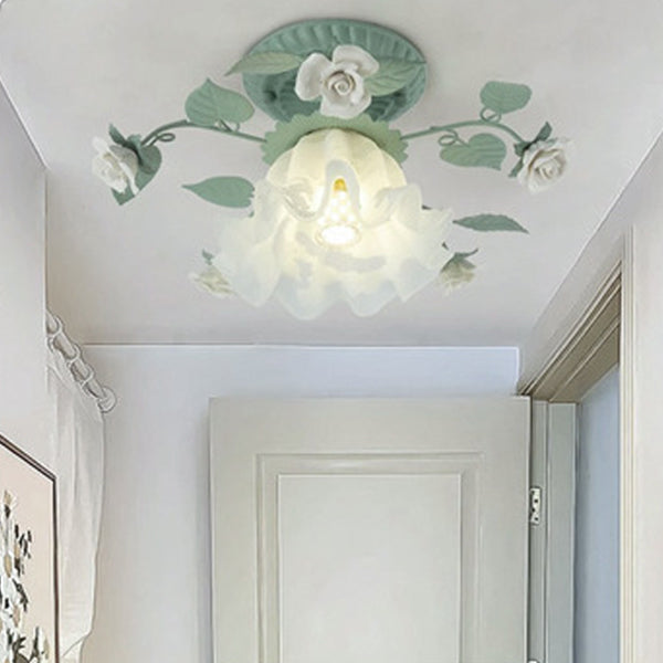 Classic French Bellflower Leaf Iron and Ceramic Glass Shade 1-Light Semi-Flush Mount Ceiling Fixture for Living Room