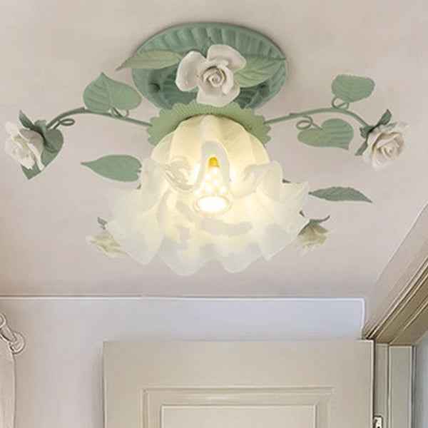 Classic French Bellflower Leaf Iron and Ceramic Glass Shade 1-Light Semi-Flush Mount Ceiling Fixture for Living Room