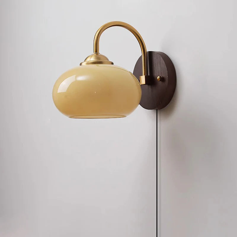 Contemporary Mid-Century Cream Oval Ash Wood and Glass 1-Light Wall Sconce for Bedroom
