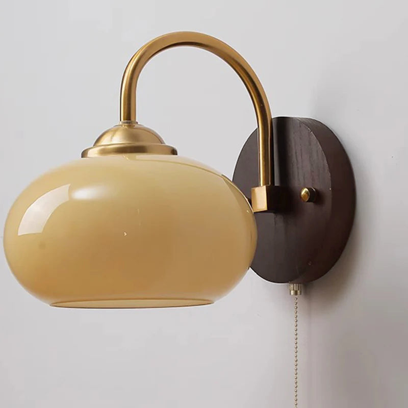Contemporary Mid-Century Cream Oval Ash Wood and Glass 1-Light Wall Sconce for Bedroom