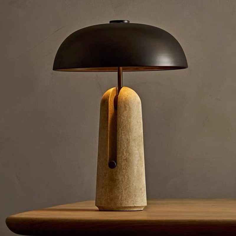 Classic Japanese Iron and Travertine Marble Mushroom Table Lamp - 1-Light Design for Bedroom
