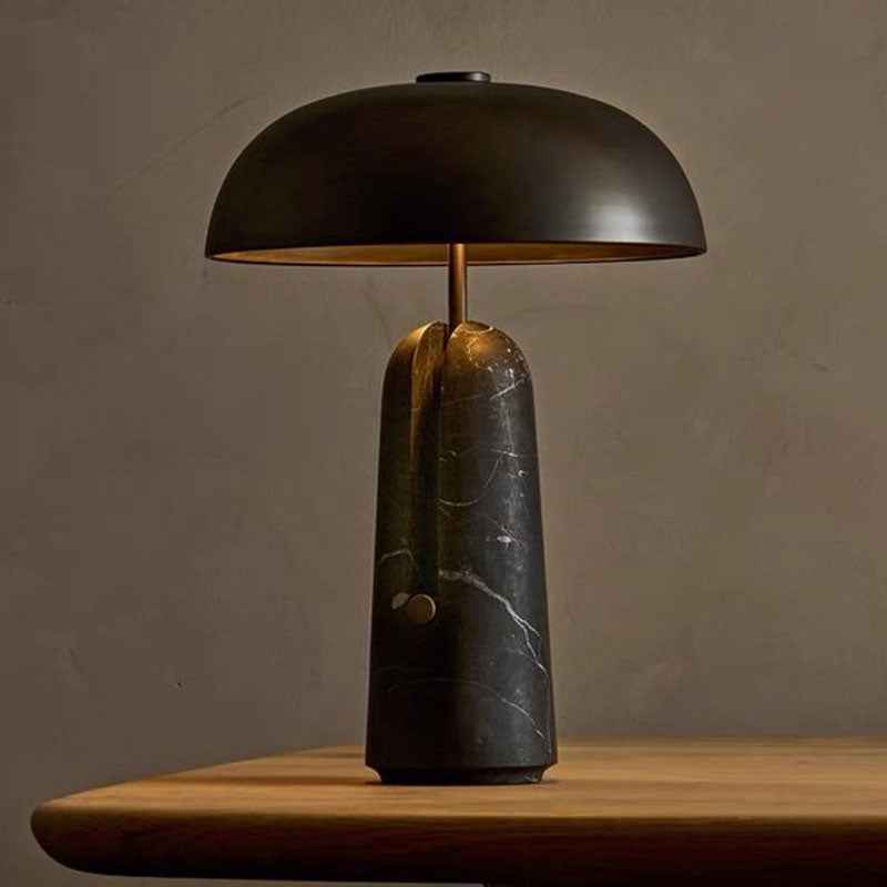 Classic Japanese Iron and Travertine Marble Mushroom Table Lamp - 1-Light Design for Bedroom