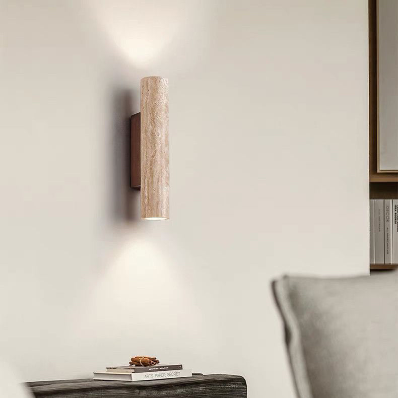 Modern Scandinavian Yellow Travertine and Wood Cylinder 2-Light Wall Sconce for Living Room