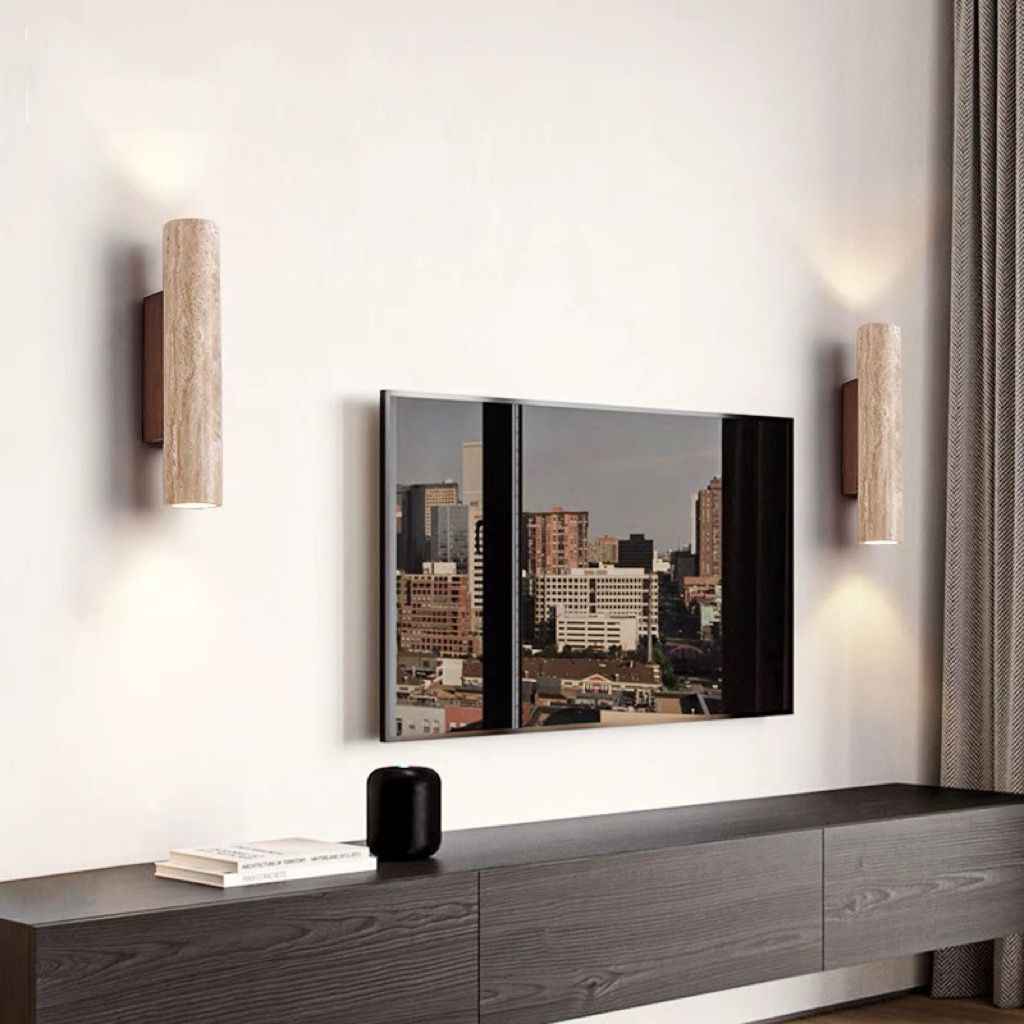 Modern Scandinavian Yellow Travertine and Wood Cylinder 2-Light Wall Sconce for Living Room