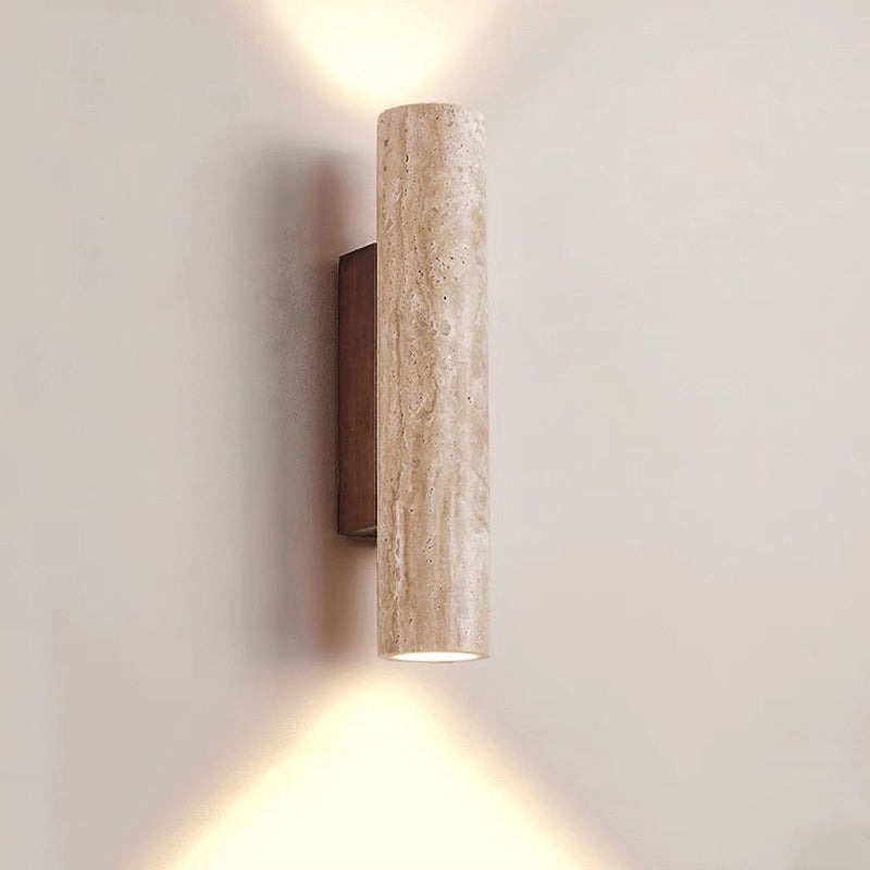 Modern Scandinavian Yellow Travertine and Wood Cylinder 2-Light Wall Sconce for Living Room