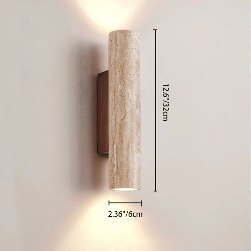 Modern Scandinavian Yellow Travertine and Wood Cylinder 2-Light Wall Sconce for Living Room