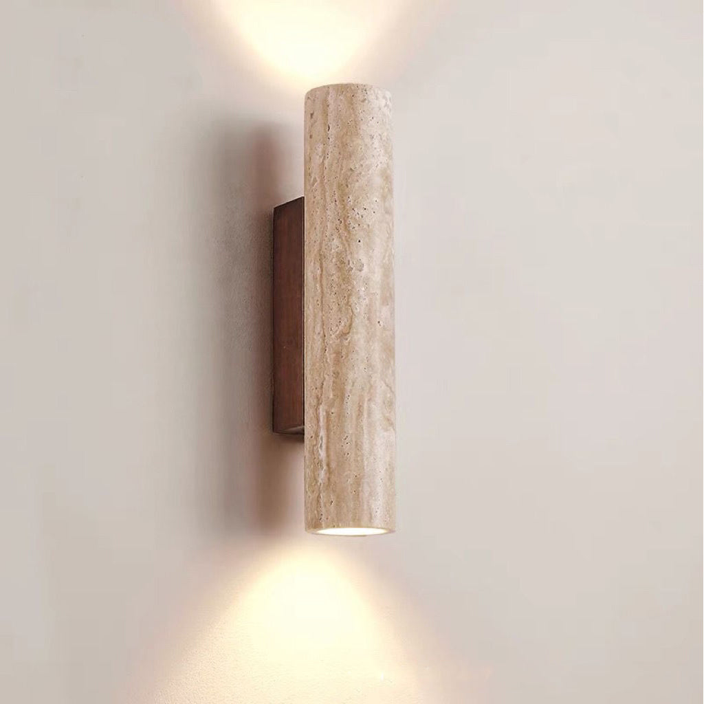 Modern Scandinavian Yellow Travertine and Wood Cylinder 2-Light Wall Sconce for Living Room