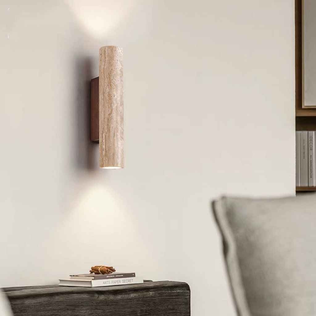 Modern Scandinavian Yellow Travertine and Wood Cylinder 2-Light Wall Sconce for Living Room