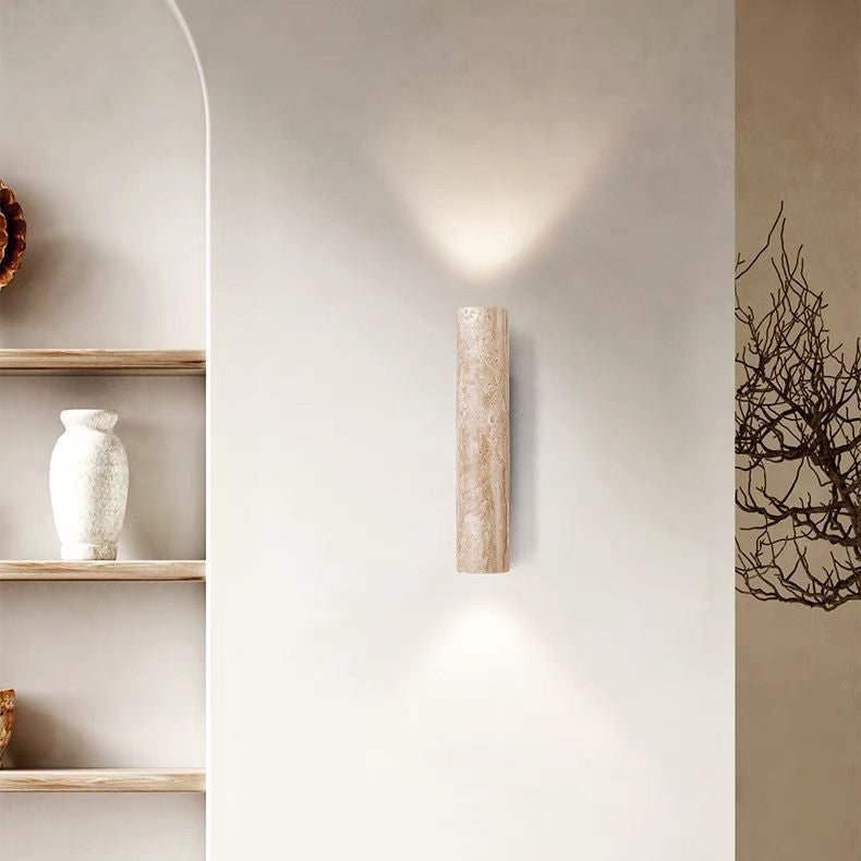 Modern Scandinavian Yellow Travertine and Wood Cylinder 2-Light Wall Sconce for Living Room