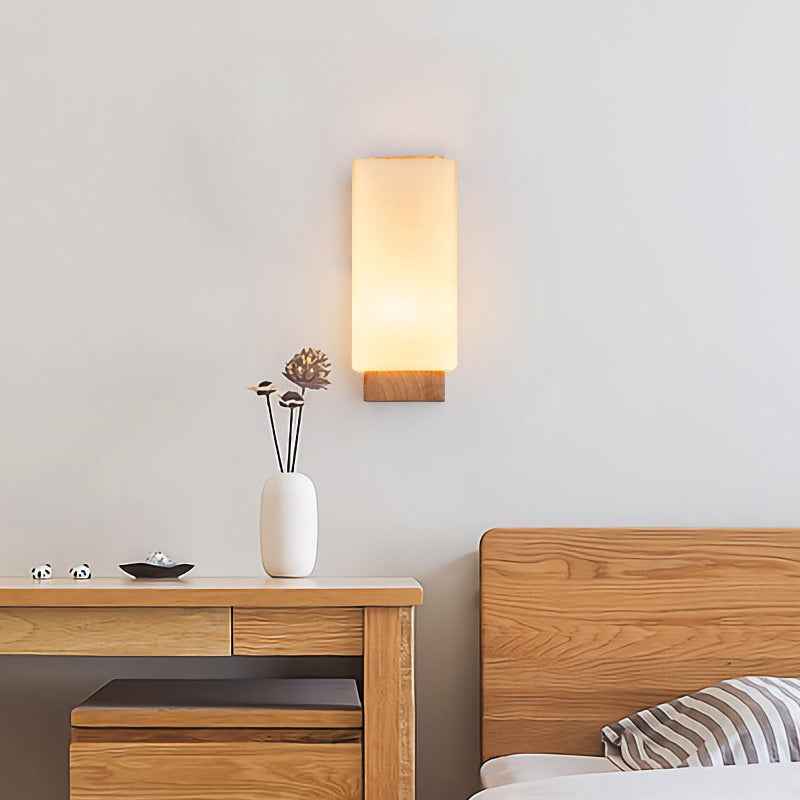Japanese-Inspired Rectangle Glass and Wood 1-Light Wall Sconce for Living Room