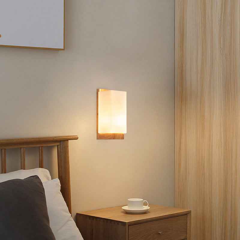 Japanese-Inspired Rectangle Glass and Wood 1-Light Wall Sconce for Living Room