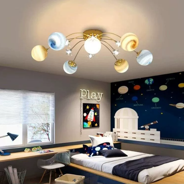 Modern Nordic 13-Light Semi-Flush Mount Ceiling Light with Iron and Glass Earth Planet Design for Kids' Bedroom