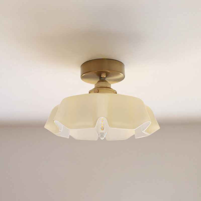 Classic French Brass and Glass Round 1-Light Semi-Flush Mount Ceiling Light for Hallway