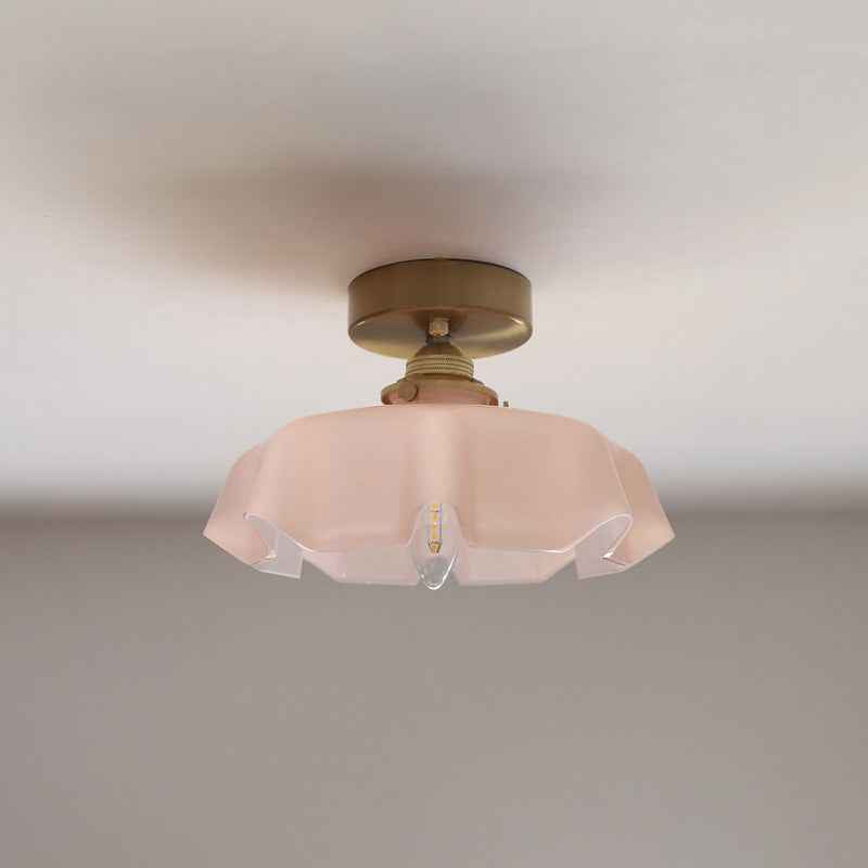 Classic French Brass and Glass Round 1-Light Semi-Flush Mount Ceiling Light for Hallway