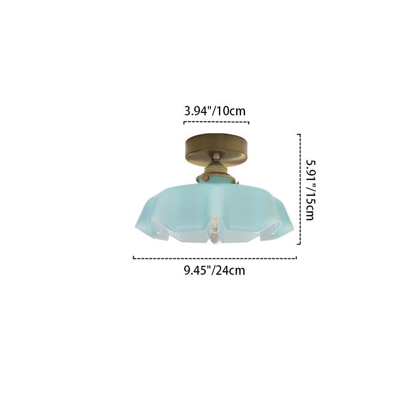 Classic French Brass and Glass Round 1-Light Semi-Flush Mount Ceiling Light for Hallway