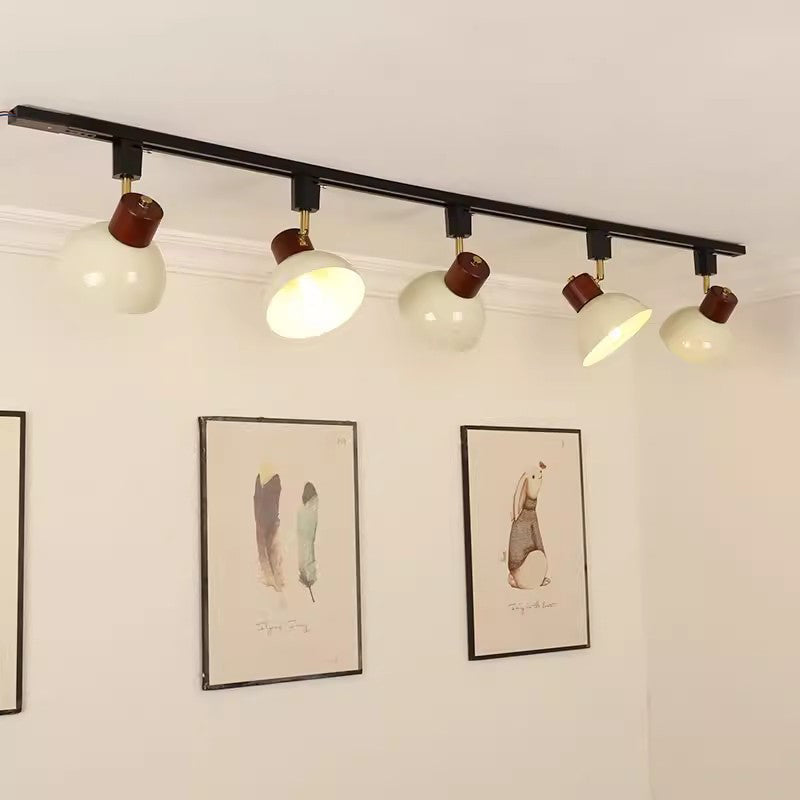 Modern Nordic Iron and Wood Round Bowl Semi-Flush Mount Ceiling Light with Adjustable 1-5 Light Track for Dining Room