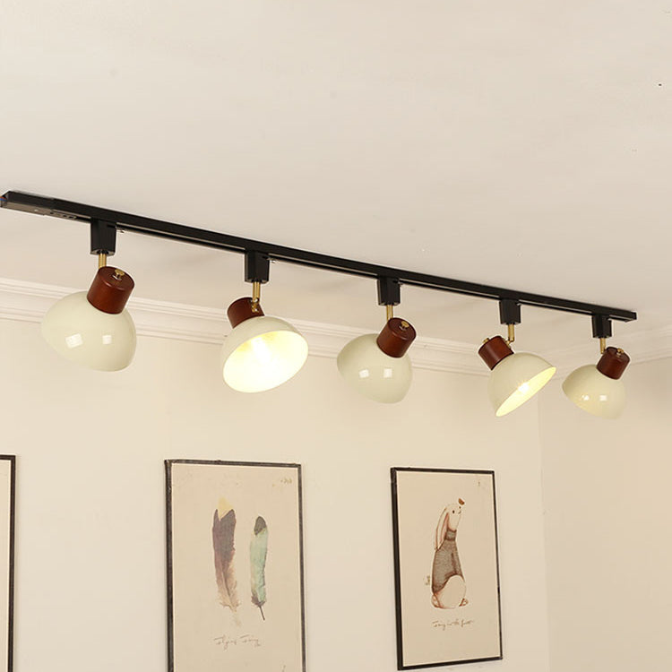 Modern Nordic Iron and Wood Round Bowl Semi-Flush Mount Ceiling Light with Adjustable 1-5 Light Track for Dining Room