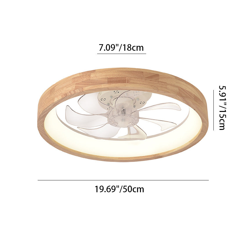 Traditional Japanese Solid Wood and Iron Round Hollow LED Flush Mount Ceiling Fan Light for Bedroom