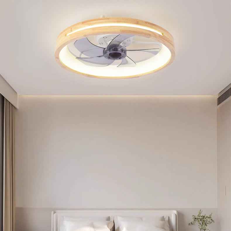 Traditional Japanese Solid Wood and Iron Round Hollow LED Flush Mount Ceiling Fan Light for Bedroom