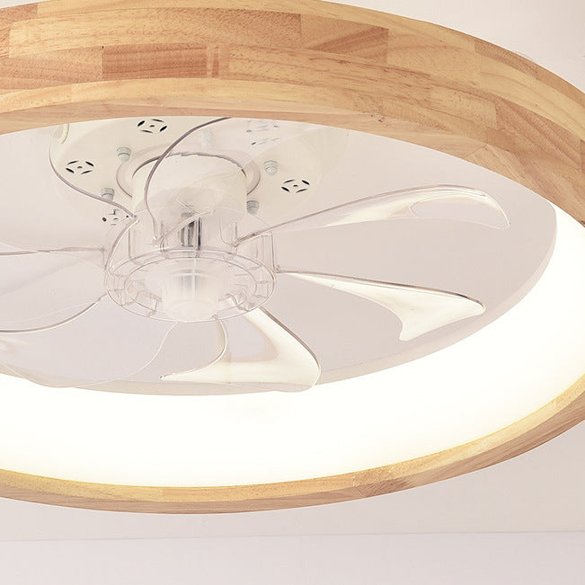 Traditional Japanese Solid Wood and Iron Round Hollow LED Flush Mount Ceiling Fan Light for Bedroom